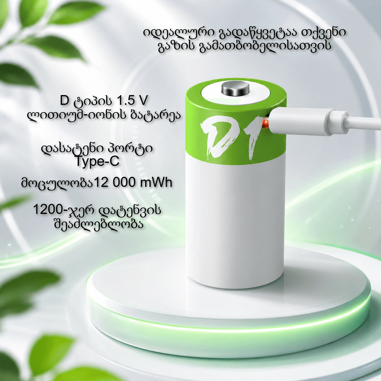 D ტიპის 1,5V ლითიუმ-იონის, ბრავალჯერერადი დატენვის ბატარეა